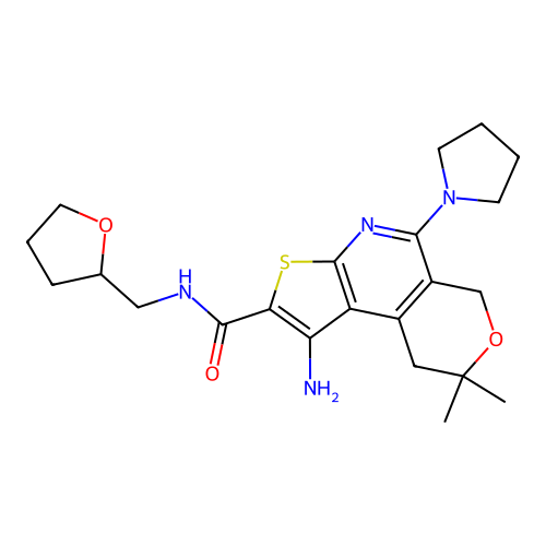 1-amino-8,8-dimethyl-5-(pyrrolidin-1-yl)-N-((tetrahydrofuran-2-yl)methyl)-8,9-dihydro-6H-pyrano[4,3-d]thieno[2,3-b]pyridine-2-carboxamide structure