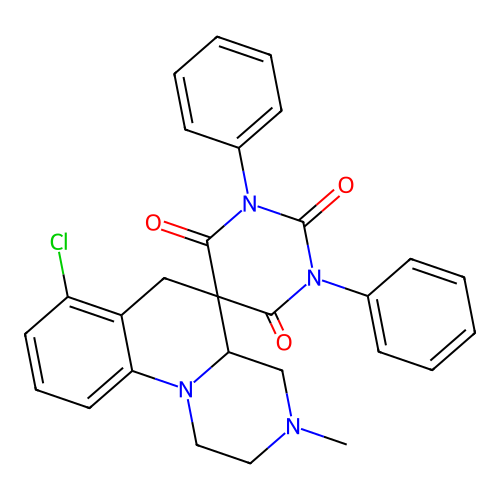 7'-chloro-3'-methyl-1,3-diphenylspiro[1,3-diazinane-5,5'-2,4,4a,6-tetrahydro-1H-pyrazino[1,2-a]quinoline]-2,4,6-trione structure