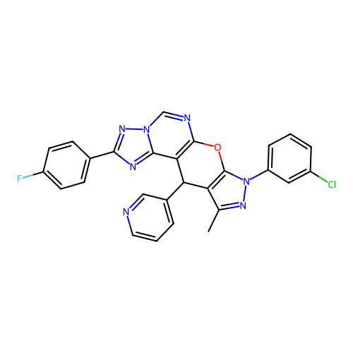 8-(3-chlorophenyl)-2-(4-fluorophenyl)-10-methyl-11-(pyridin-3-yl)-8,11-dihydropyrazolo[4',3':5,6]pyrano[3,2-e][1,2,4]triazolo[1,5-c]pyrimidine structure