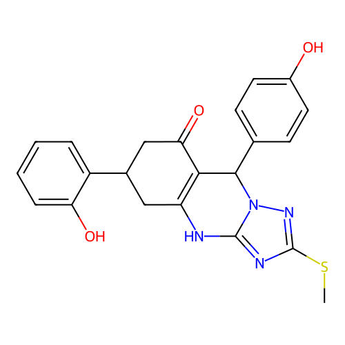 6-(2-hydroxyphenyl)-9-(4-hydroxyphenyl)-2-(methylsulfanyl)-5,6,7,9-tetrahydro[1,2,4]triazolo[5,1-b]quinazolin-8-ol structure