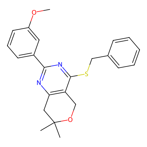 4-(benzylthio)-2-(3-methoxyphenyl)-7,7-dimethyl-7,8-dihydro-5H-pyrano[4,3-d]pyrimidine structure