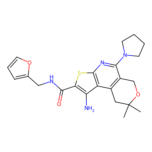 1-amino-N-(furan-2-ylmethyl)-8,8-dimethyl-5-(pyrrolidin-1-yl)-8,9-dihydro-6H-pyrano[4,3-d]thieno[2,3-b]pyridine-2-carboxamide structure