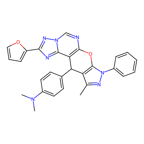 4-(2-(furan-2-yl)-10-methyl-8-phenyl-8,11-dihydropyrazolo[4',3':5,6]pyrano[3,2-e][1,2,4]triazolo[1,5-c]pyrimidin-11-yl)-N,N-dimethylaniline structure
