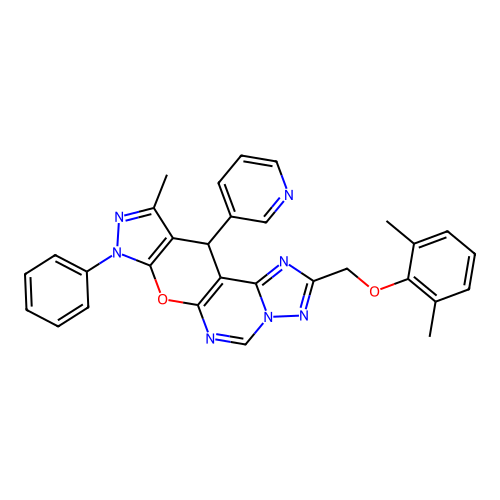 2-((2,6-dimethylphenoxy)methyl)-10-methyl-8-phenyl-11-(pyridin-3-yl)-8,11-dihydropyrazolo[4',3':5,6]pyrano[3,2-e][1,2,4]triazolo[1,5-c]pyrimidine structure
