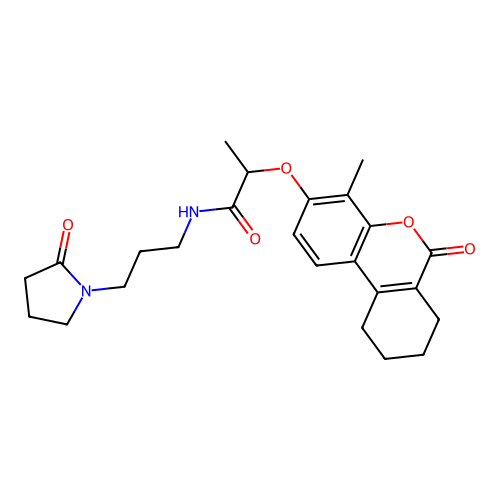 2-((4-methyl-6-oxo-7,8,9,10-tetrahydro-6H-benzo[c]chromen-3-yl)oxy)-N-(3-(2-oxopyrrolidin-1-yl)propyl)propanamide structure