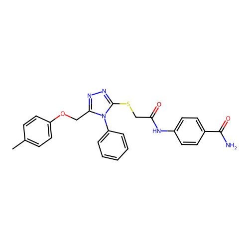 4-(2-((4-phenyl-5-((p-tolyloxy)methyl)-4H-1,2,4-triazol-3-yl)thio)acetamido)benzamide structure