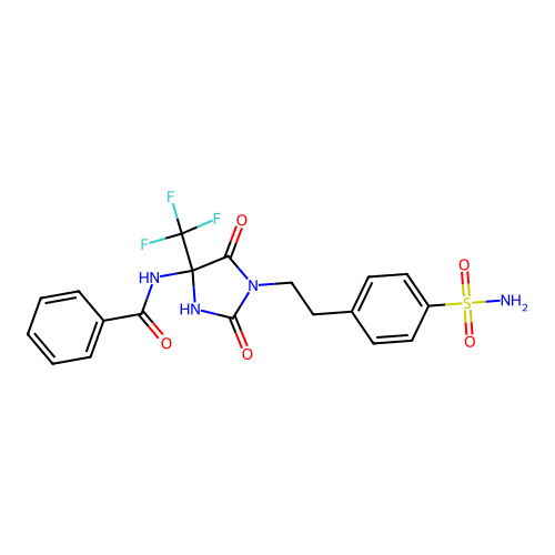 N-[2,5-dioxo-1-[2-(4-sulfamoylphenyl)ethyl]-4-(trifluoromethyl)imidazolidin-4-yl]benzamide structure
