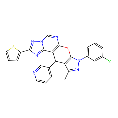 8-(3-chlorophenyl)-10-methyl-11-(pyridin-3-yl)-2-(thiophen-2-yl)-8,11-dihydropyrazolo[4',3':5,6]pyrano[3,2-e][1,2,4]triazolo[1,5-c]pyrimidine structure