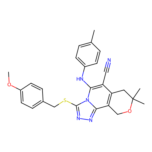 3-((4-methoxybenzyl)thio)-8,8-dimethyl-5-(p-tolylamino)-8,10-dihydro-7H-pyrano[3,4-c][1,2,4]triazolo[4,3-a]pyridine-6-carbonitrile structure