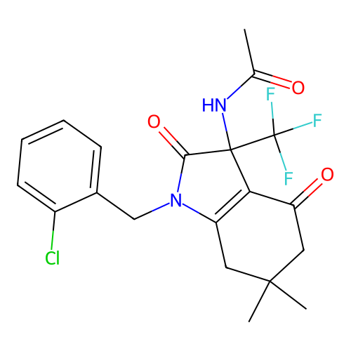 N-(1-(2-chlorobenzyl)-6,6-dimethyl-2,4-dioxo-3-(trifluoromethyl)-2,3,4,5,6,7-hexahydro-1H-indol-3-yl)acetamide structure