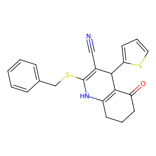 2-benzylsulfanyl-5-oxo-4-thiophen-2-yl-4,6,7,8-tetrahydro-1H-quinoline-3-carbonitrile structure