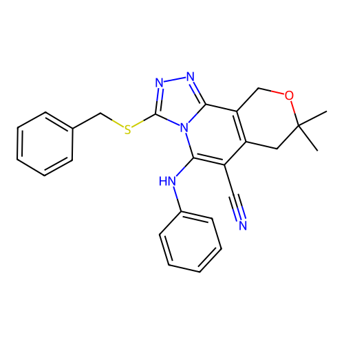 3-(benzylsulfanyl)-8,8-dimethyl-5-(phenylamino)-7,10-dihydro-8H-pyrano[3,4-c][1,2,4]triazolo[4,3-a]pyridine-6-carbonitrile structure