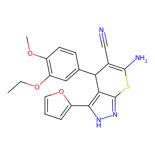 6-amino-4-(3-ethoxy-4-methoxyphenyl)-3-(furan-2-yl)-2,4-dihydrothiopyrano[2,3-c]pyrazole-5-carbonitrile structure