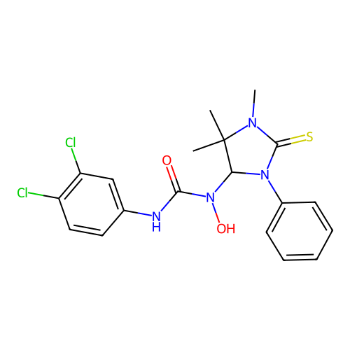 3-(3,4-dichlorophenyl)-1-hydroxy-1-(1,5,5-trimethyl-3-phenyl-2-thioxoimidazolidin-4-yl)urea structure