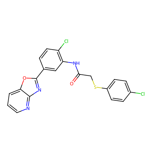 N-(2-chloro-5-(oxazolo[4,5-b]pyridin-2-yl)phenyl)-2-((4-chlorophenyl)thio)acetamide structure