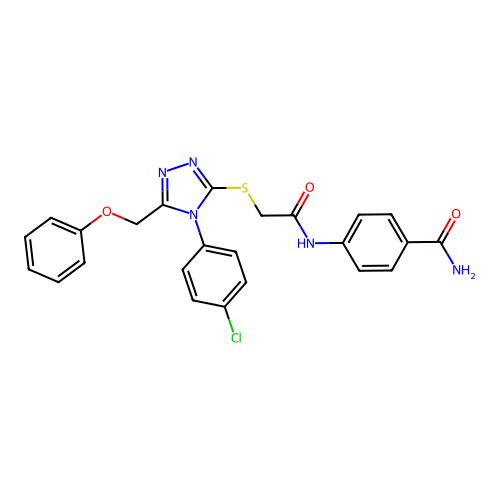4-{2-[4-(4-chlorophenyl)-5-(phenoxymethyl)-1,2,4-triazol-3-ylthio]acetylamino} benzamide structure