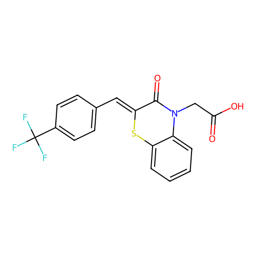 2-[3-oxo-2-[[4-(trifluoromethyl)phenyl]methylidene]-1,4-benzothiazin-4-yl]acetic acid structure