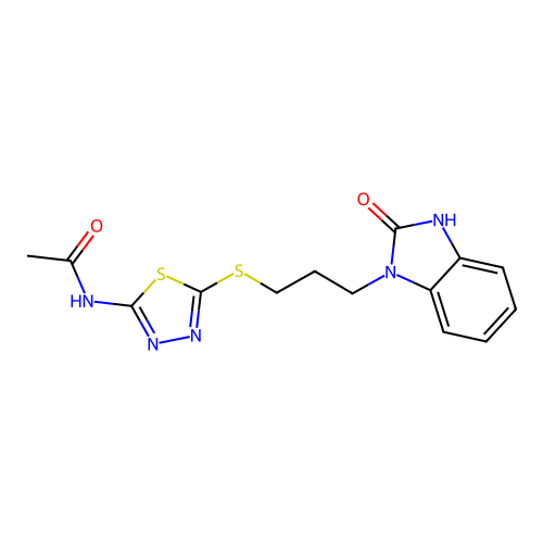 N-(5-{[3-(2-oxo-2,3-dihydro-1H-benzimidazol-1-yl)propyl]thio}-1,3,4-thiadiazol-2-yl)acetamide structure