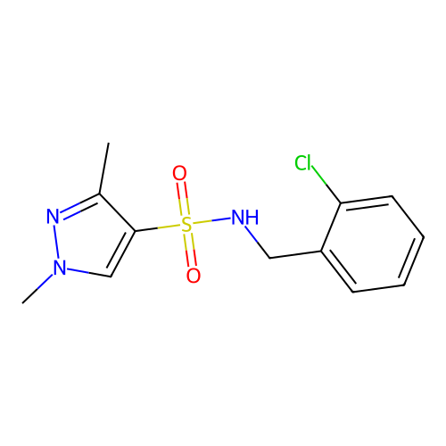 N-[(2-chlorophenyl)methyl]-1,3-dimethylpyrazole-4-sulfonamide structure