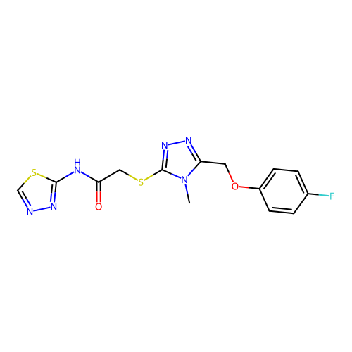 2-({5-[(4-fluorophenoxy)methyl]-4-methyl-4H-1,2,4-triazol-3-yl}sulfanyl)-N-(1,3,4-thiadiazol-2-yl)acetamide structure