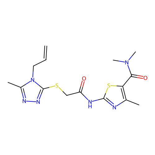 N,N,4-trimethyl-2-[[2-[(5-methyl-4-prop-2-enyl-1,2,4-triazol-3-yl)sulfanyl]acetyl]amino]-1,3-thiazole-5-carboxamide structure
