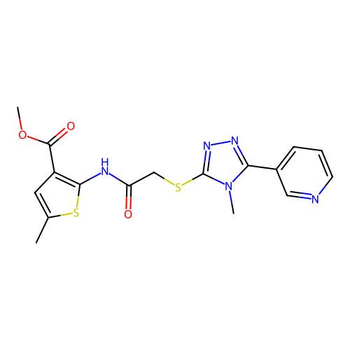 methyl 5-methyl-2-(2-((4-methyl-5-(pyridin-3-yl)-4H-1,2,4-triazol-3-yl)thio)acetamido)thiophene-3-carboxylate structure