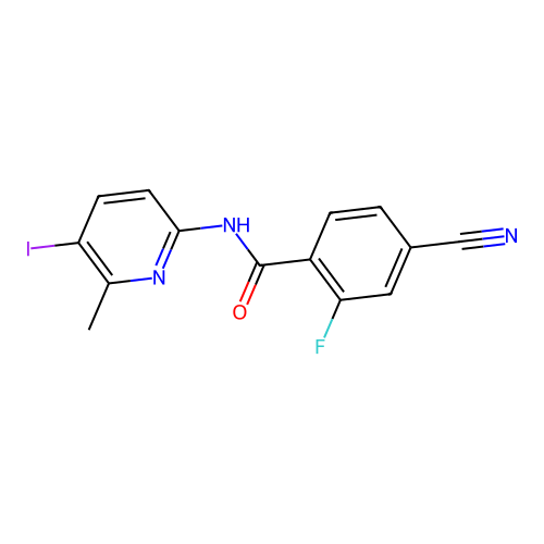 4-cyano-2-fluoro-N-(5-iodo-6-methylpyridin-2-yl)benzamide structure