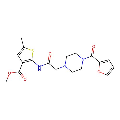 methyl 2-(2-(4-(furan-2-carbonyl)piperazin-1-yl)acetamido)-5-methylthiophene-3-carboxylate structure