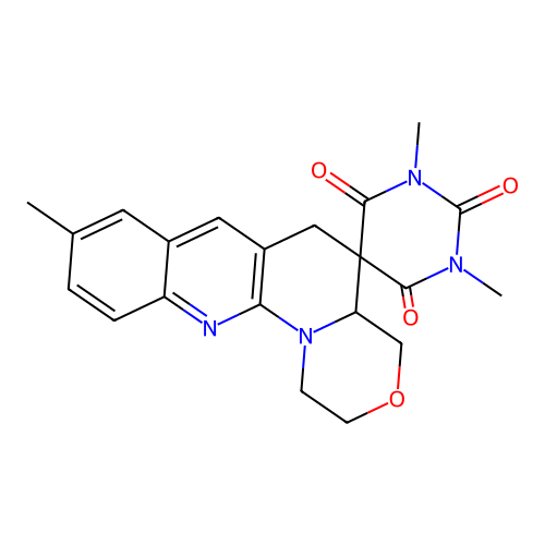 1',3',9-trimethyl-1,2,4,4a-tetrahydro-2'H,6H-spiro[benzo[g][1,4]oxazino[4,3-a][1,8]naphthyridine-5,5'-pyrimidine]-2',4',6'(1'H,3'H)-trione structure