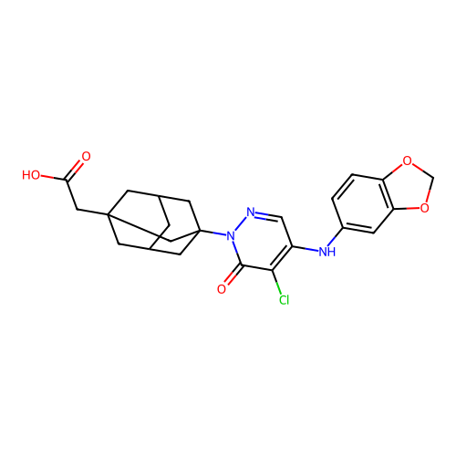 {3-[4-(1,3-benzodioxol-5-ylamino)-5-chloro-6-oxopyridazin-1(6H)-yl]tricyclo[3.3.1.1~3,7~]dec-1-yl}acetic acid structure
