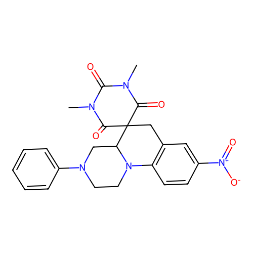 1',3'-dimethyl-8-nitro-3-phenyl-1,2,3,4,4a,6-hexahydro-1'H-spiro[pyrazino[1,2-a]quinoline-5,5'-pyrimidine]-2',4',6'(3'H)-trione structure