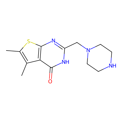 5,6-dimethyl-2-(piperazin-1-ylmethyl)-1H,4H-thieno[2,3-d]pyrimidin-4-one structure