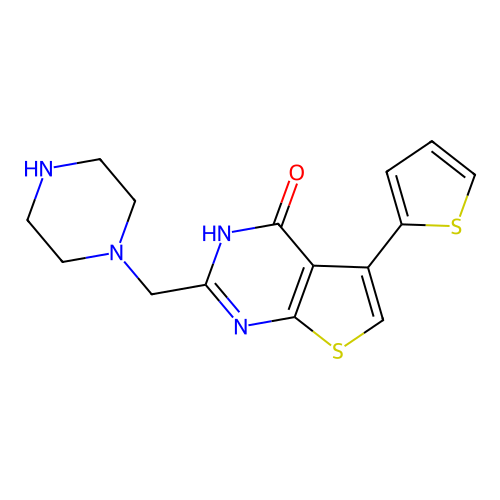 2-(piperazin-1-ylmethyl)-5-(thiophen-2-yl)-3H,4H-thieno[2,3-d]pyrimidin-4-one structure