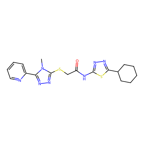 N-(5-cyclohexyl-1,3,4-thiadiazol-2-yl)-2-[(4-methyl-5-pyridin-2-yl-1,2,4-triazol-3-yl)sulfanyl]acetamide structure