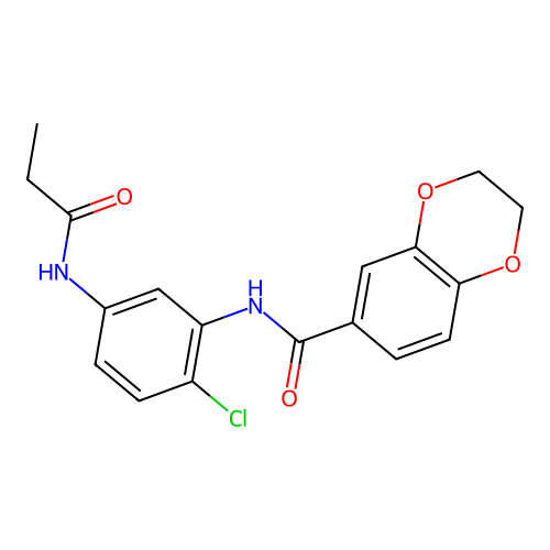 N-[2-chloro-5-(propanoylamino)phenyl]-2,3-dihydro-1,4-benzodioxine-6-carboxamide structure