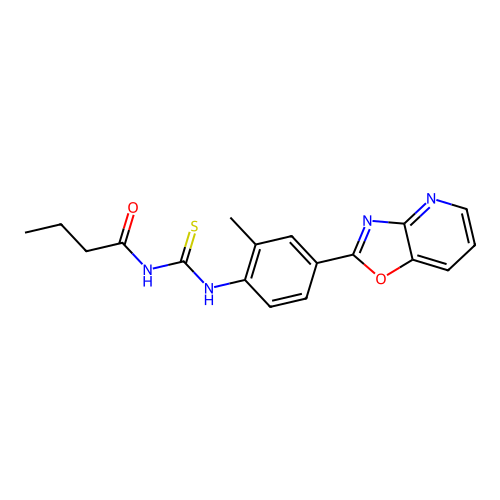 N-[[2-methyl-4-([1,3]oxazolo[4,5-b]pyridin-2-yl)phenyl]carbamothioyl]butanamide structure