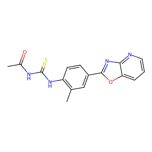 N-acetyl-N'-(2-methyl-4-[1,3]oxazolo[4,5-b]pyridin-2-ylphenyl)thiourea structure