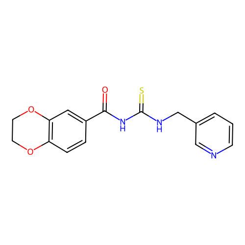 N-(pyridin-3-ylmethylcarbamothioyl)-2,3-dihydro-1,4-benzodioxine-6-carboxamide structure