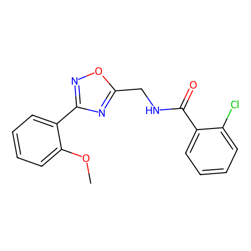 2-chloro-N-((3-(2-methoxyphenyl)-1,2,4-oxadiazol-5-yl)methyl)benzamide structure
