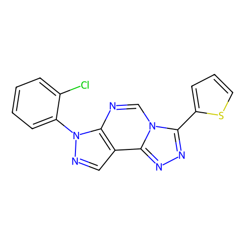 2-[3-(2-chlorophenyl)-6-hydropyrazolo[5,4-d]1,2,4-triazolo[4,5-e]pyrimidin-7-y l]thiophene structure