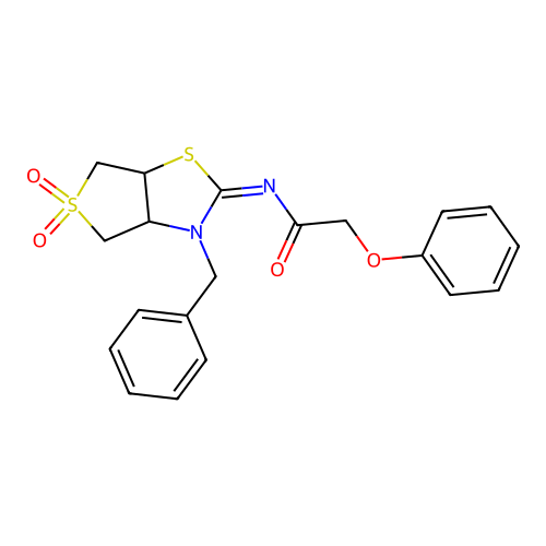 N-[(2Z)-3-benzyl-5,5-dioxidotetrahydrothieno[3,4-d][1,3]thiazol-2(3H)-ylidene]-2-phenoxyacetamide structure