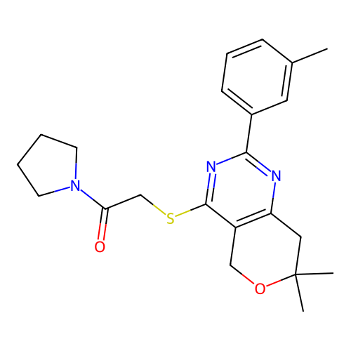 2-((7,7-dimethyl-2-(m-tolyl)-7,8-dihydro-5H-pyrano[4,3-d]pyrimidin-4-yl)thio)-1-(pyrrolidin-1-yl)ethanone structure