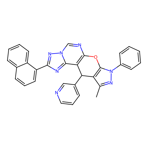 10-methyl-2-(naphthalen-1-yl)-8-phenyl-11-(pyridin-3-yl)-8,11-dihydropyrazolo[4',3':5,6]pyrano[3,2-e][1,2,4]triazolo[1,5-c]pyrimidine structure