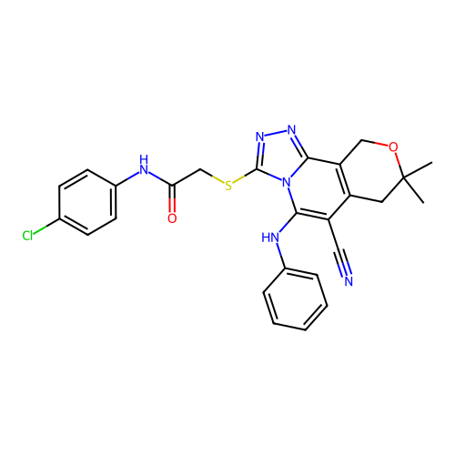 2-[(5-anilino-6-cyano-8,8-dimethyl-7,10-dihydro-8h-pyrano[3,4-c][1,2,4]triazolo[4,3-a]pyridin-3-yl)thio]-N-(4-chlorophenyl)acetamide structure