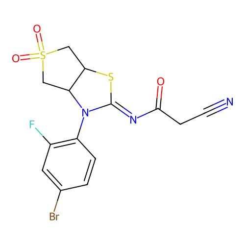(Z)-N-(3-(4-bromo-2-fluorophenyl)-5,5-dioxidotetrahydrothieno[3,4-d]thiazol-2(3H)-ylidene)-2-cyanoacetamide structure
