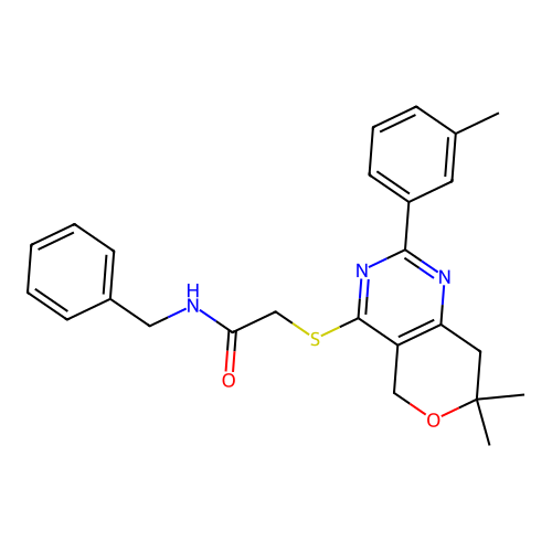 N-benzyl-2-((7,7-dimethyl-2-(m-tolyl)-7,8-dihydro-5H-pyrano[4,3-d]pyrimidin-4-yl)thio)acetamide structure