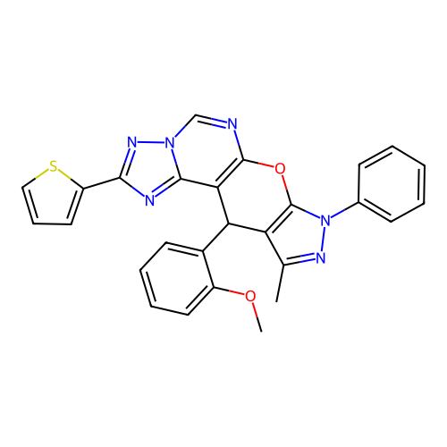 11-(2-methoxyphenyl)-10-methyl-8-phenyl-2-(thiophen-2-yl)-8,11-dihydropyrazolo[4',3':5,6]pyrano[3,2-e][1,2,4]triazolo[1,5-c]pyrimidine structure