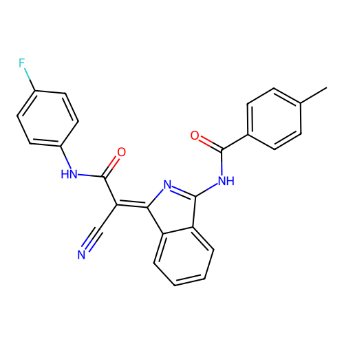 N-[(3Z)-3-[1-cyano-2-(4-fluoroanilino)-2-oxoethylidene]isoindol-1-yl]-4-methylbenzamide structure