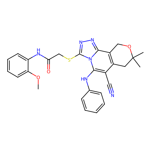 2-((6-cyano-8,8-dimethyl-5-(phenylamino)-8,10-dihydro-7H-pyrano[3,4-c][1,2,4]triazolo[4,3-a]pyridin-3-yl)thio)-N-(2-methoxyphenyl)acetamide structure