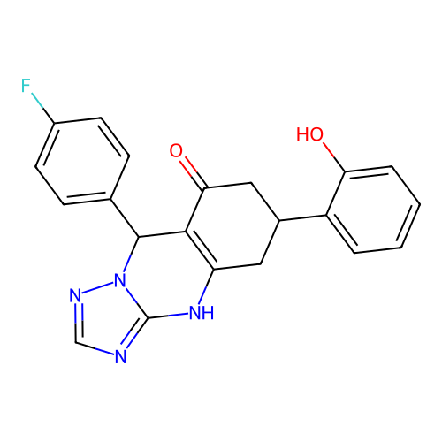 9-(4-fluorophenyl)-6-(2-hydroxyphenyl)-5,6,7,9-tetrahydro-[1,2,4]triazolo[5,1-b]quinazolin-8(4H)-one structure